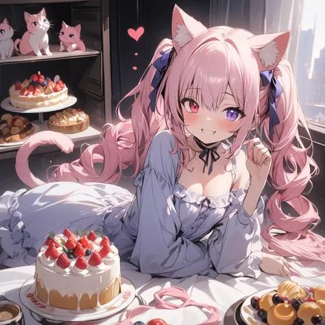 masterpiece,  best quality ,  1 girl, Alone,  girl、Petite、Small breasts、 light pink hair , Pink cat ears、Pink cat tail、Long Hair,  twin tails, Heterochromia, (( right eye is light blue)), ((Purple left eye )),  cleavage 、 Long Sleeve , Frilled, smile,, Cov...