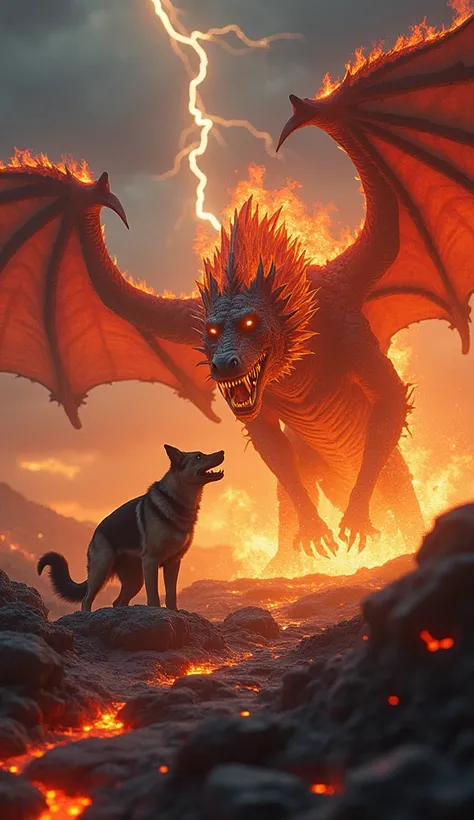 "An intense and visually striking scene showing a German Shepherd and a fire dragon in a ferocious standoff. The German Shepherd, with its powerful, muscular build, bared teeth, and glowing amber eyes, growls menacingly, its fur bristling with tension. Opp...