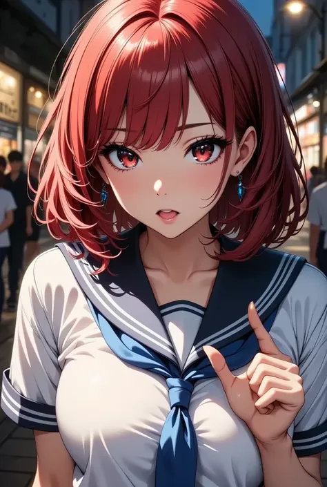 High school girl,   sailor suit,  Red Hair,   bow down bob  ,   Sexy Poses ,   sailor suit,   blue scarf  , ((Look up,   open your mouth,  shes pointing at the audience ,   naughty smile  :1.4)),  Viewers,   face , Night Park,  chiaroscuro,   Physically Ba...