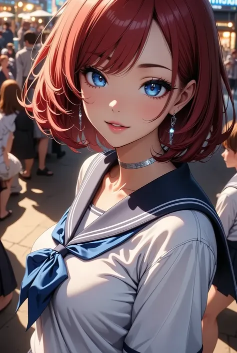 High school girl,   sailor suit,  Red Hair,   bow down bob  ,   Sexy Poses ,   sailor suit,   blue scarf  , ((Look up,   open your mouth,  shes pointing at the audience ,   naughty smile  :1.4)),  Viewers,   face , Night Park,  chiaroscuro,   Physically Ba...