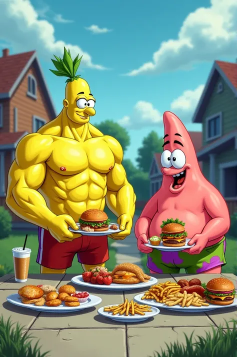 Take an image in which a muscular Spongebob named Jakyp eats proper nutrition and Next door, Patrick whose name is Ulukbek, eats fast food 