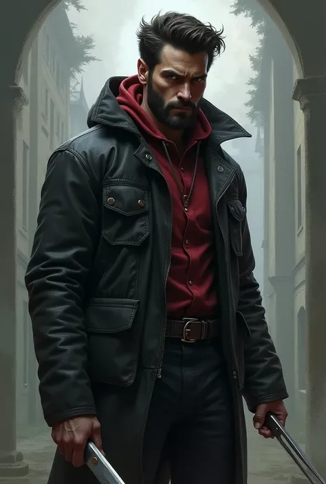 there is a man with a knife in his hand and a hoodie on, a character portrait by Daryush Shokof, trending on deviantart, sots art, male vampire of clan banu haqim, epic portrait of menacing, rugged man portrait, keanu reeves as wolverine, karl urban as wol...