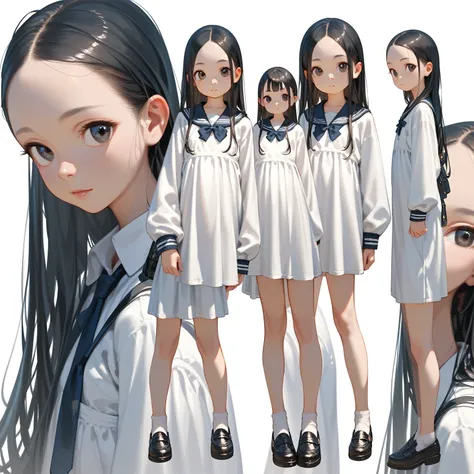 masterpiece,best quality,ultra-detailed,super detailed skin,perfect anatomy,detailed,beautiful detailed eyes,long hair,forehead,straight hair,black hair,black eyes,loli,petite,flat chest,full body,white background ,elementary school student