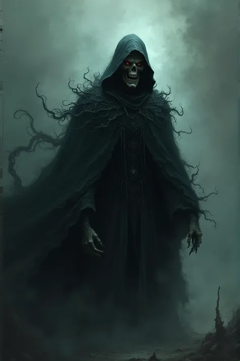 Um enfo necromancer, who is corrupted by his magic ,  with a dark look and surrounded by a deadly black mist 