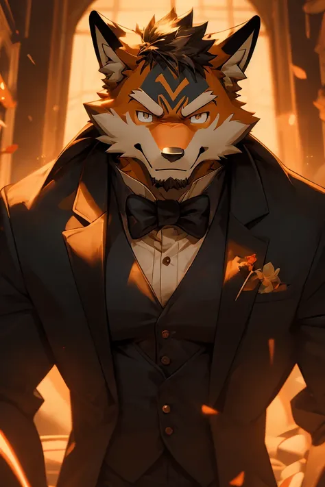 1man, Solo, Best Quality, 8k, From Front, Anime, Male Gender, A Orange Fox, Wears Black Suit With Black tie , Looking at the viewer, smirking, 