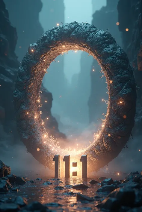 Give me an image of a three-dimensional portal in the background and forward to the number 11:11