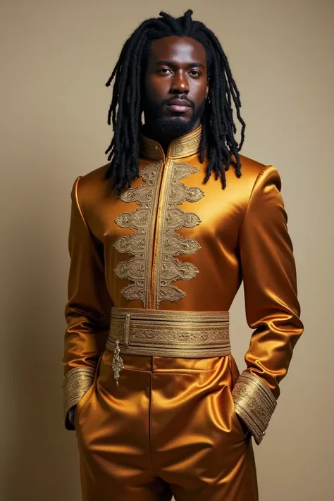 Black guy in dreadlocks wearing a golden brown long sleeved shirt with a gold zip and matching trousers.
The shirt collar should be that of a catholic priest or like a Chinese collar