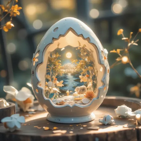 ZOZ_XUANHUAN A masterpiece within an eggshell: a miniature landscape unfolds, crafted with precision in hollow-carved Chinese craftsmanship. Tiny trees, birds, and streams swirl inside the delicate eggshell canvas, as if painted by tiny brushes. White pape...