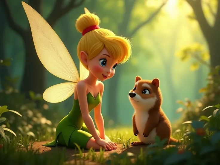  image for a cartoon story YouTube video in Pixar format. Tinkerbell , the fairy craftswoman ,  loses her wings . Shes desperate,  because she cant fly.Tinkerbell  отправляется в опасное путешествие.  She meets different creatures: protein, hedgehogs , Owl...