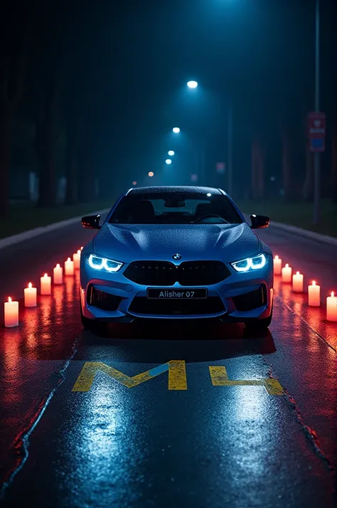 Inscription "Alisher_07" BMW m8 on asphalt with neon candles at night 