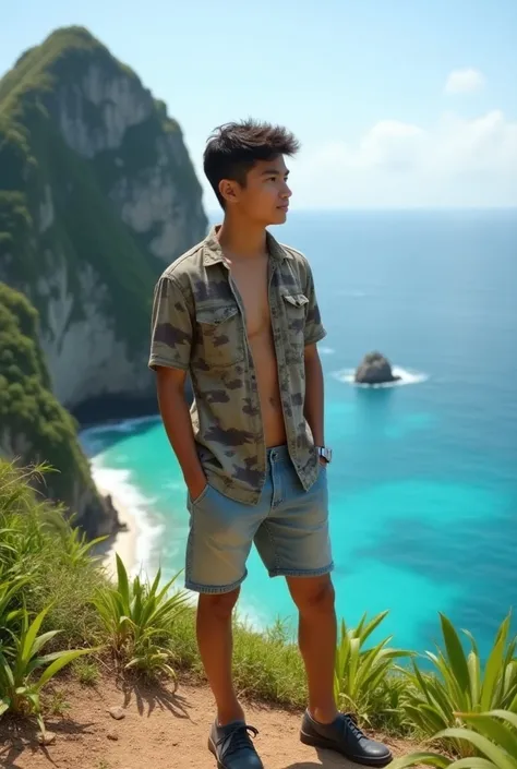 Indonesian teenage man wears beach shirt, short levis pants . wearing shoes . short hair  .Background nusa penida bali