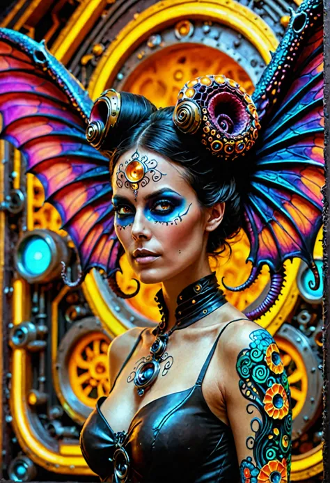 ultra realistic HD 8K illusion effects 3D contras separate elements surreal exagonal spiral fractal acyborgpunk steampunk style a beautiful woman indonesia tatto bat wings octopus skull doom skull round vortex ship alien hill hovering negri fairy tale floa...