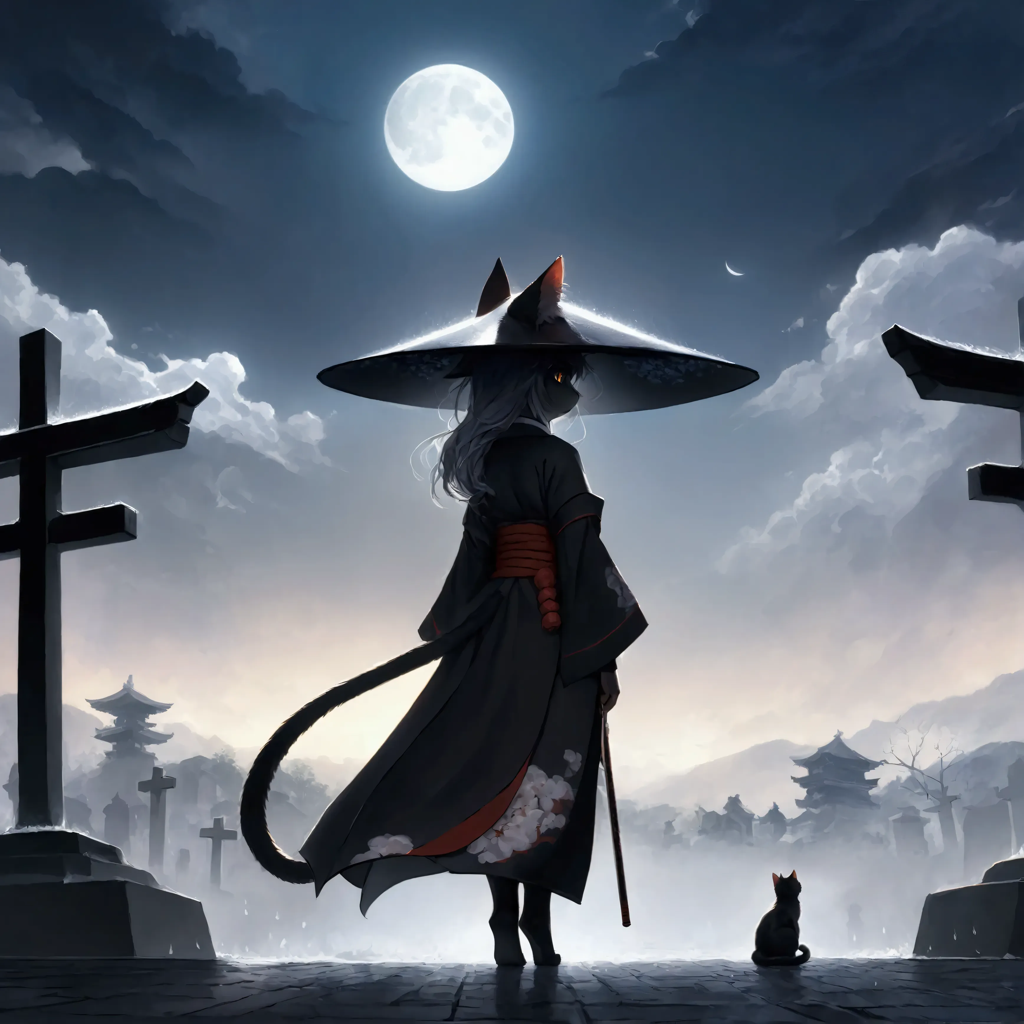 Quality\(8k,best quality,masterpiece,cinematic\),solo,alone,1girl\(gray cat,Rōnin uniform,Rōnin,ronin,wearing kasa hat,eye color cosmic,standing,(full body:1.4),super long shot,from side,breast\),background\(at japanese cemetery, raining,very dark,a blue small moon in the sky,hevy clouds\),super long shot,super long view