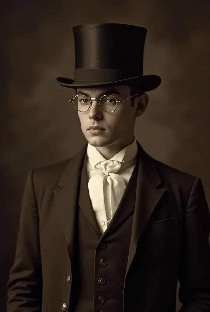 Vielle photographie des années 1900 avec un jeune homme de vingt ans portant un smoking marron avec une cravate de jabot, un chapeau haut de forme et des lunettes semi rondes en metal. 