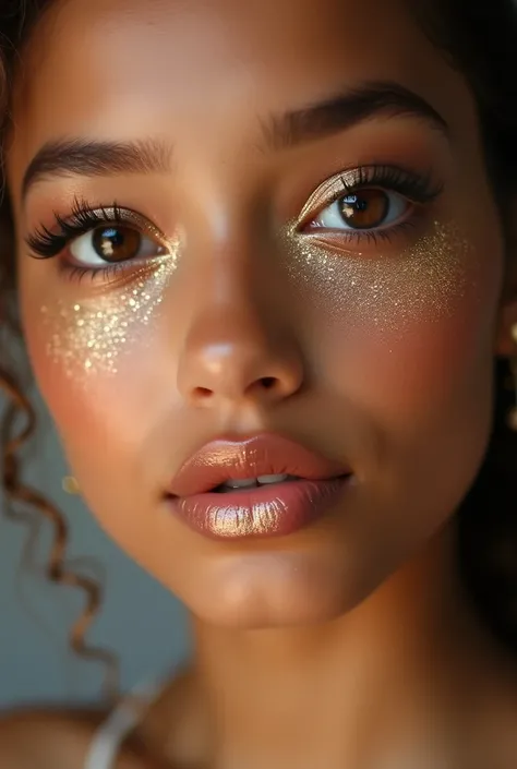 Close-up photo of a wonderful face of a 14-year-old girl, brown eyes, with wonderful makeup, tanned skin from the sun, golden tones with glitter only on the eyes, shiny gold lipstick marking her lips, large and well-lined eyelashes, makeup on her smooth fa...