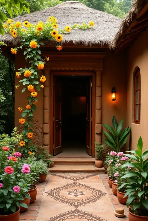 A breathtaking interior Indian-style mud jhopadi with earthy, textured walls and a sloping dry grass roof, surrounded by a profusion of colorful flowers and greenery. The exterior is alive with cascading bougainvillea in shades of magenta and orange, fragr...