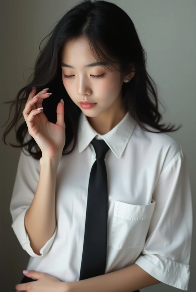 Pretty dark-haired Korean girl wearing a white shirt and a black tie has backwards sex