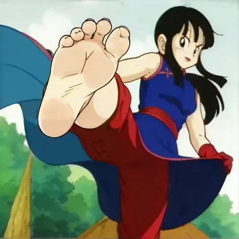 Score_9, score_8_up, source_anime, 1girl, Chi-Chi, big eyes, alone, looking at viewer, in a garden, standing, cowboy shot, ANIME SCREENCAP, anime coloring, barefoot, perfect feet, anatomically correct, soles, low angle, focal length 35mm, each foot has fiv...