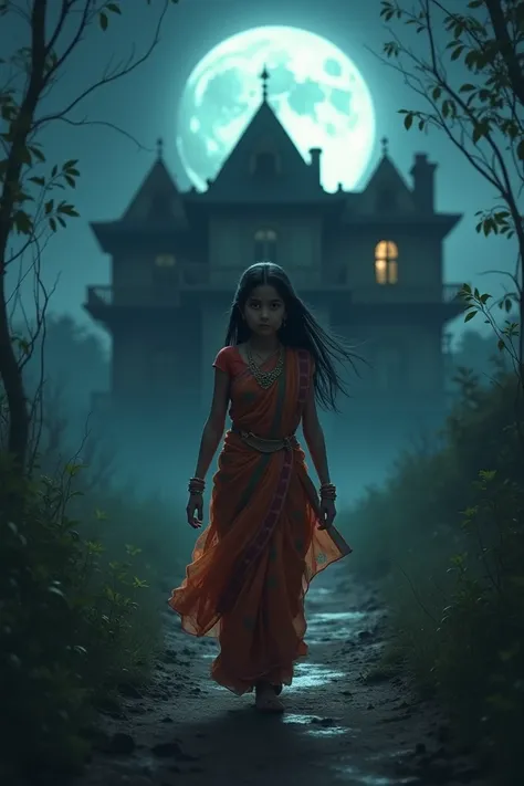 A young girl named Radha, in traditional attire, walking towards a haunted mansion on a dark, moonlit night with a determined look.
