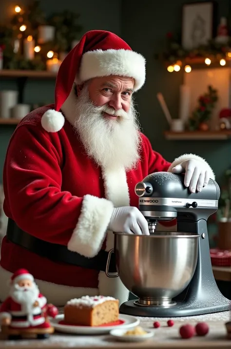 Créer une photo dun homme trentenaire déguisé en père noel qui fabrique une buche de Noël avec un robot pâtissier kenwood 