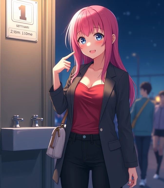    An 18-year-old anime lady , anime To love ru,  soft lighting ,  standing in front of a public toilet sink at a fair in a beautiful neighborhood,  there are people around you on a night with a few stars .  The lady measures 1 , 70 cm in height and her me...