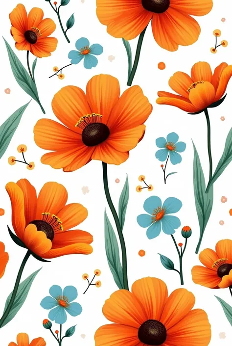 White background print with large orange cayenne flowers and small turquoise blue flowers 
