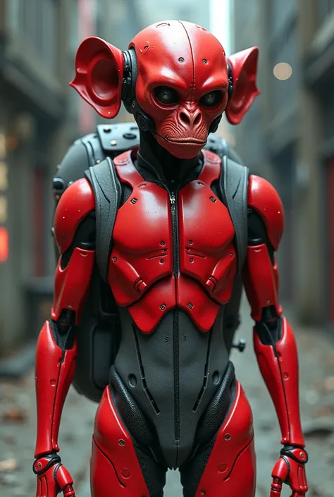 Android man all red , with monkey ears, with cover, with gray clothes