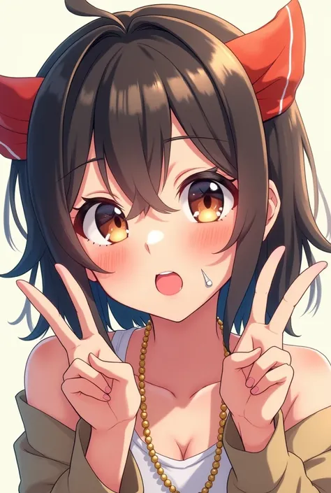 A girl with the face of Ahegao sticking her tongue out of her mouth and making the symbol of peace with the fingers of both hands