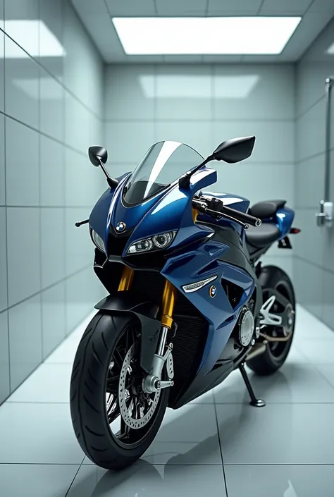 "A very clear ultra hd dynamic image" A shining Bmw S 1000 RR in one shower room and background write Rownees89 in big size