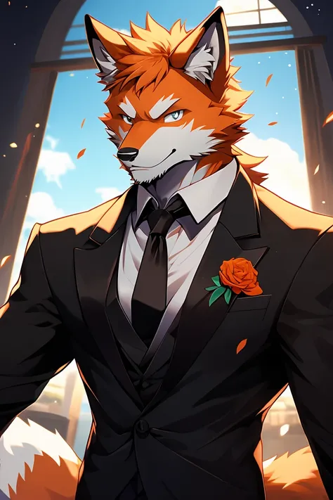 1man, Solo, Best Quality, 8k, From Front, Anime, Male Gender, A Orange Fox, Wears Black Suit With Black tie , Looking at the viewer, smirking, 