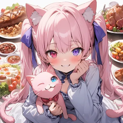 masterpiece,  best quality ,  1 girl, Alone,  girl、Petite、Small breasts、 light pink hair , Pink cat ears、Pink cat tail、Long Hair,  twin tails, Heterochromia, (( right eye is light blue)), ((Purple left eye )),  cleavage 、 Long Sleeve , Frilled, smile,, sur...