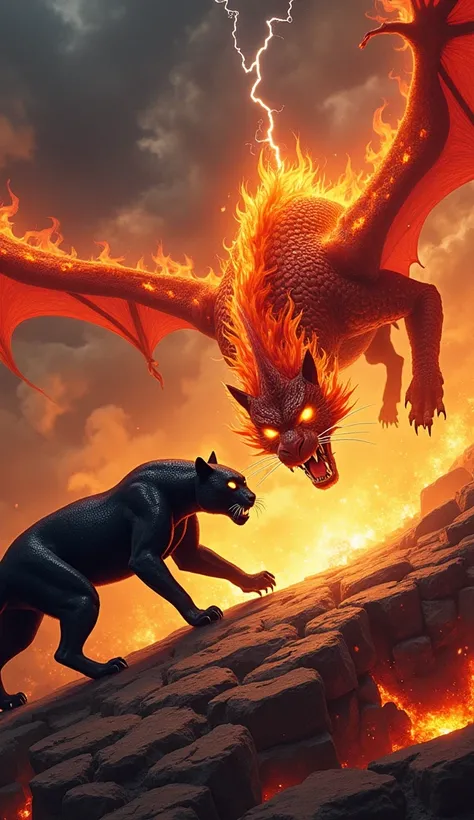 "An intense and breathtaking scene featuring a black panther and a fire dragon in a fierce standoff, their anger and power radiating through the image. The black panther, sleek and muscular, crouches low with its sharp claws extended, its glowing yellow ey...