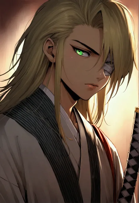 ,Masculine, long blond hair, eyes with green pupils,Japanese kimono, two katanas around the waist, black bandage on the eyes ,samurai,age 20 years,teenager,youthful appearance ,young appearance, manhwa.