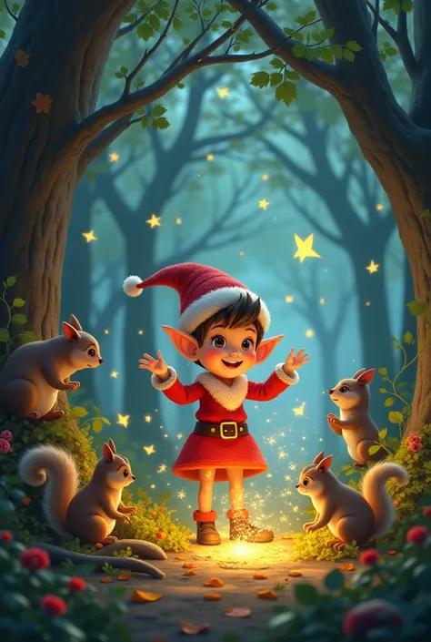  Create an image with this text . Once upon a time,  in a small forest full of giant trees and bright flowers, a Christmas elf named Lino.  using its power ,  Lino touched the fallen leaves and made them shine with his magic!.  The leaves began to shine li...