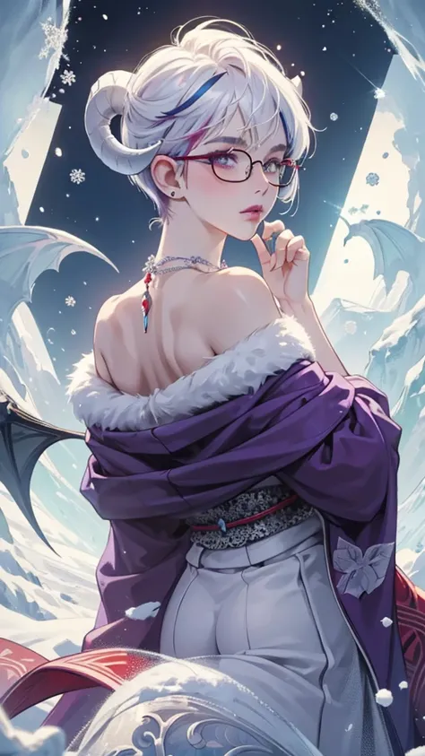 8k, masterpiece, best quality, highly detailed, 1 girl, devil, demon horns, warlock, pixie cut, white hair, multicolored hair, very short straight hair, red highlight hair on white hair, stippled hair, wearing glasses, round glasses, earrings, red eyeshado...