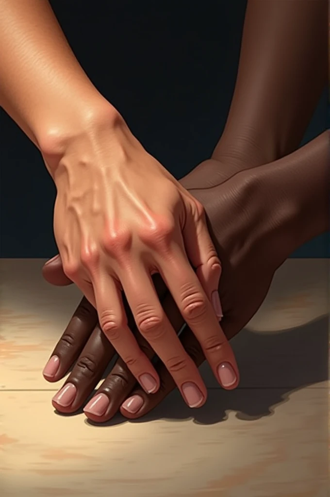 Create a realistic picture in which two hands hold on, the hands are placed on a table and you only see the hands that one hand is tanned and the other is dark-skinned 