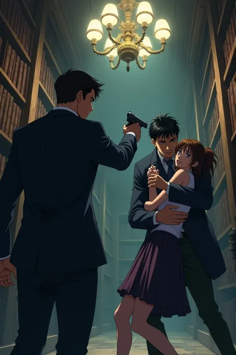 Anime detective points a gun at a napper with an 18-year-old girl in his arms in the library