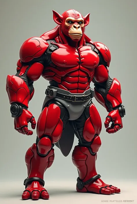 Android muscular man all red, with monkey ears, with cover, with gray clothes