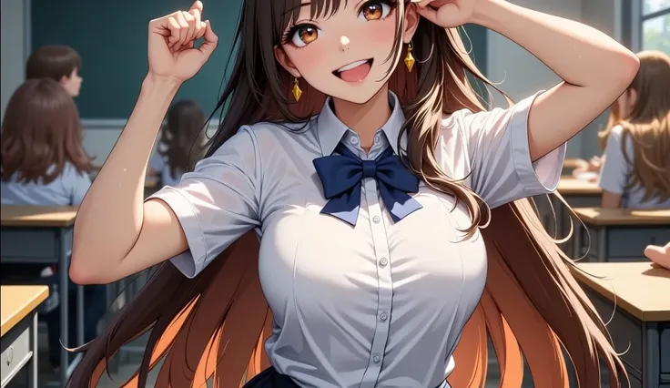 (masterpiece、  please redeem  、  detailed depiction of multiple people having fun together  ))、  one girl  、Improve、 brown gradient hair that snaps around the knee 、Long Hair、Pale orange eyes、wicked smile、((  open your mouth))、((  lots of earrings))、(( Big...