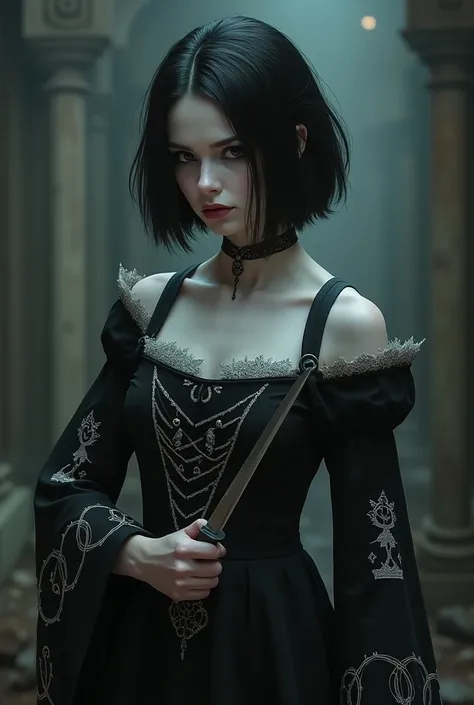 "woman wearing clothes from medieval times black with white details with witch symbols short and black hair with a knife in her hand Asian white skin eyes as black as night."
