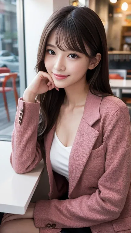 ((Best Quality, 8k, masterpiece: 1.3)), beautiful girl, Pure, Melon Face, Kind and cute, Cute Smile, Pure desire, Slender body, (Front), (Tilt your head), ((Looking into the camera) ), Wearing a raspberry ripple colored suit, Long, black, silky hair, Long,...