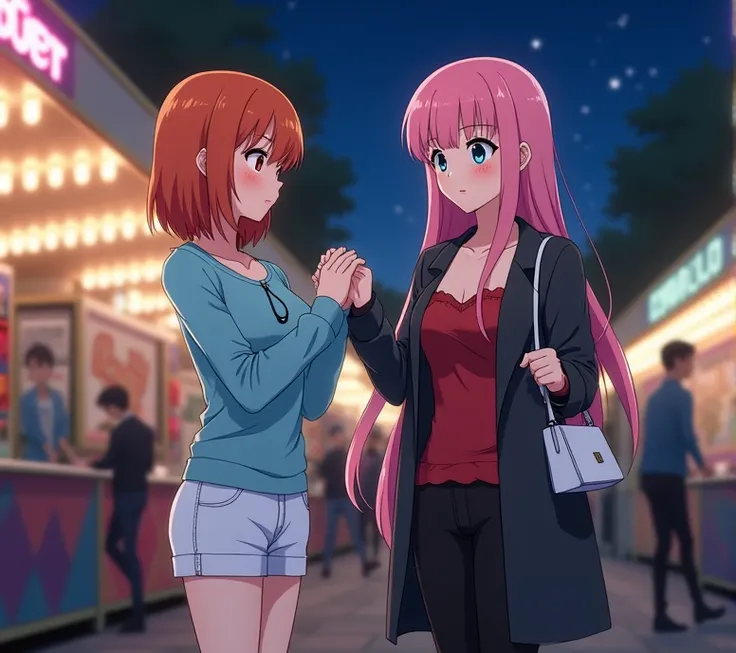   Two 18-year-old anime ladies , anime To love ru,  soft lighting , low lighting, Theyre standing in front of a sink at a fairground in a beautiful neighborhood. ,  there are people nearby on a night with a few stars in the sky . she measures 1,68 CM tall,...