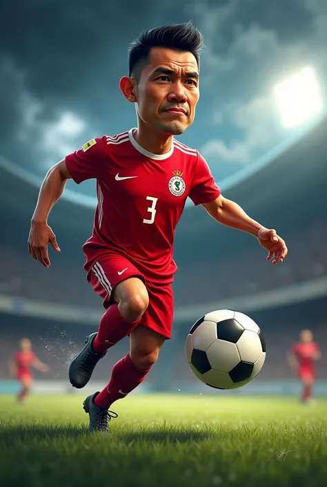 Indonesian male caricature aged 35 with real human skin color, neat black short hair, clear wrinkles, wearing a red Indonesian national team jersey number 3, standing wearing soccer pants and shoes, running kicking a ball, dark cloud background lightning I...