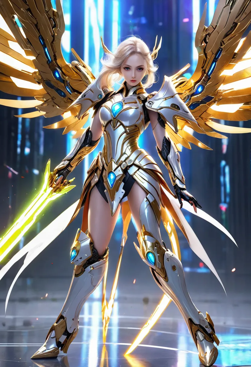 a beautiful evil android girl in light armor, high heels, energy wings, energy barrier, energy sword, high quality, masterpiece