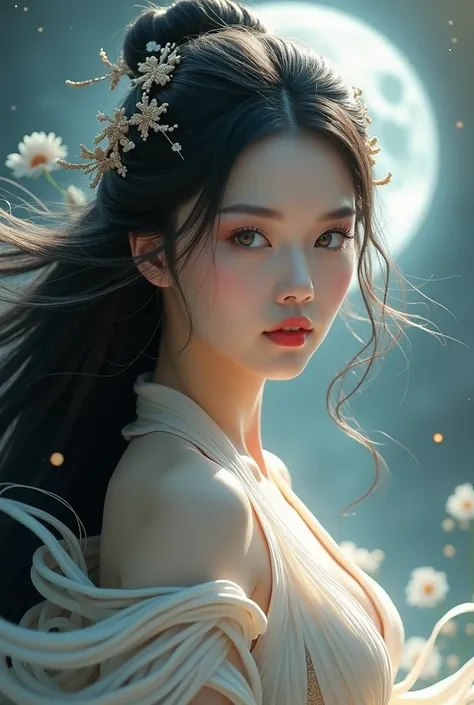 Beautiful Goddess，real goddess， Beautiful White Skin ， face up，正面を向くBeautiful Goddess，Black Hair， Beautiful Hair Fluttering in the Wind， moonlight，Beautiful Oriental Beauty ，Ribbon-like costume，Hair accessories，