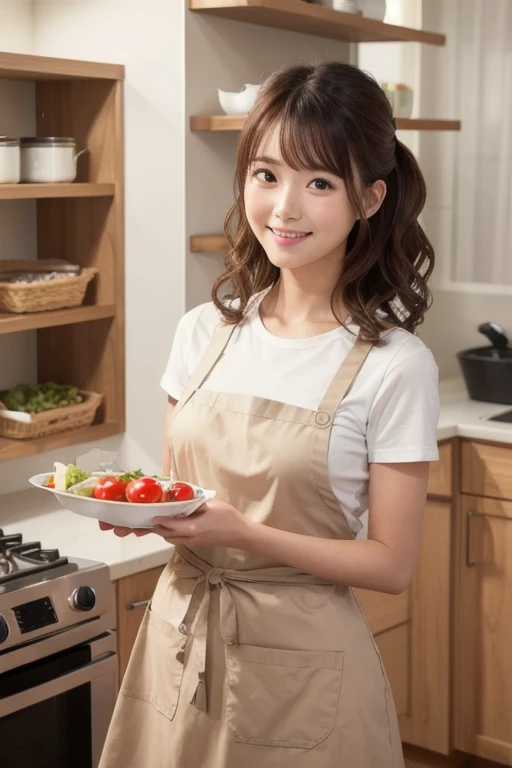 Big Eyes, cute double , A woman wearing an apron is cooking,  small ribbon on his chest , T-Shirts, Medium hair with inner curls, Knot,  cute smile with blush, knot, Talented , Kind personality,  very detailed woman ,  detailed hair,  very detailed face an...