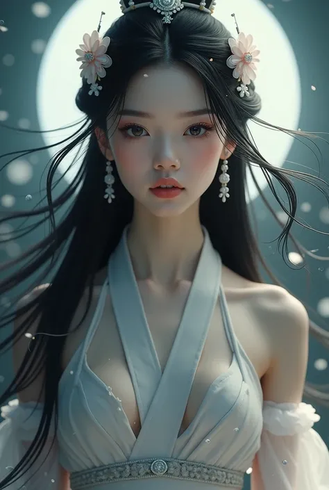 Beautiful Goddess，real goddess， Beautiful White Skin ， face up，正面を向くBeautiful Goddess，Black Hair， Beautiful Hair Fluttering in the Wind， moonlight，Beautiful Oriental Beauty ，Ribbon-like costume，Hair accessories，