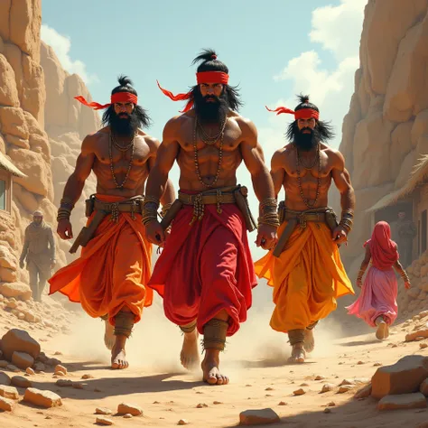 Three muscular men in orange and red dhotis with red headbands, bearded and intense, standing in a rocky desert setting marching towards the peaceful village under the merchants command bandits wreaking havoc in the village at night. In the chaos, Radhika ...