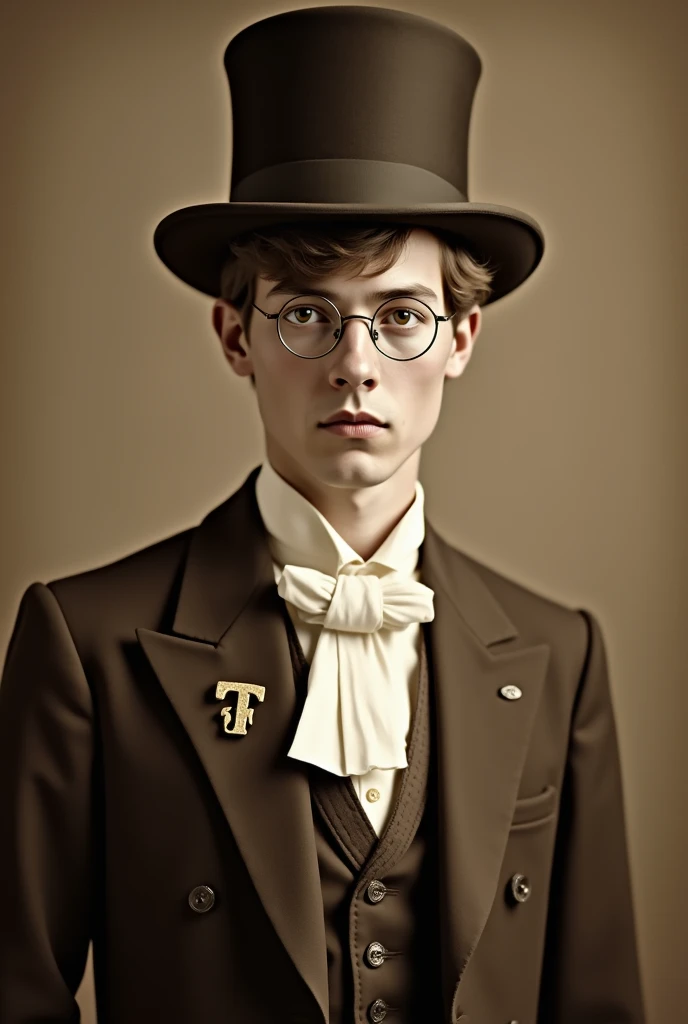 Vielle photographie des années 1900 avec un jeune homme de vingt ans caucasien châtain clair et cheveux courts portant un smoking marron avec une cravate de jabot, un chapeau haut de forme, des lunettes semi rondes en metal et une petite broche avec la let...