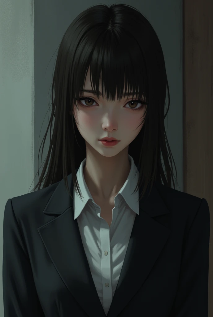 Slender women　 Japanese　 is wearing a suit　 troubled face